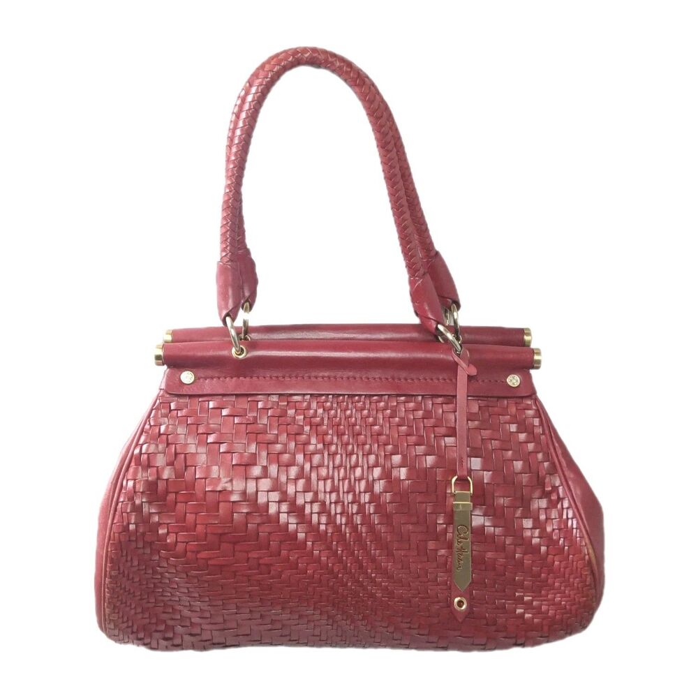 Cole Haan Woven Leather Handbag Maroon Red Satchel
